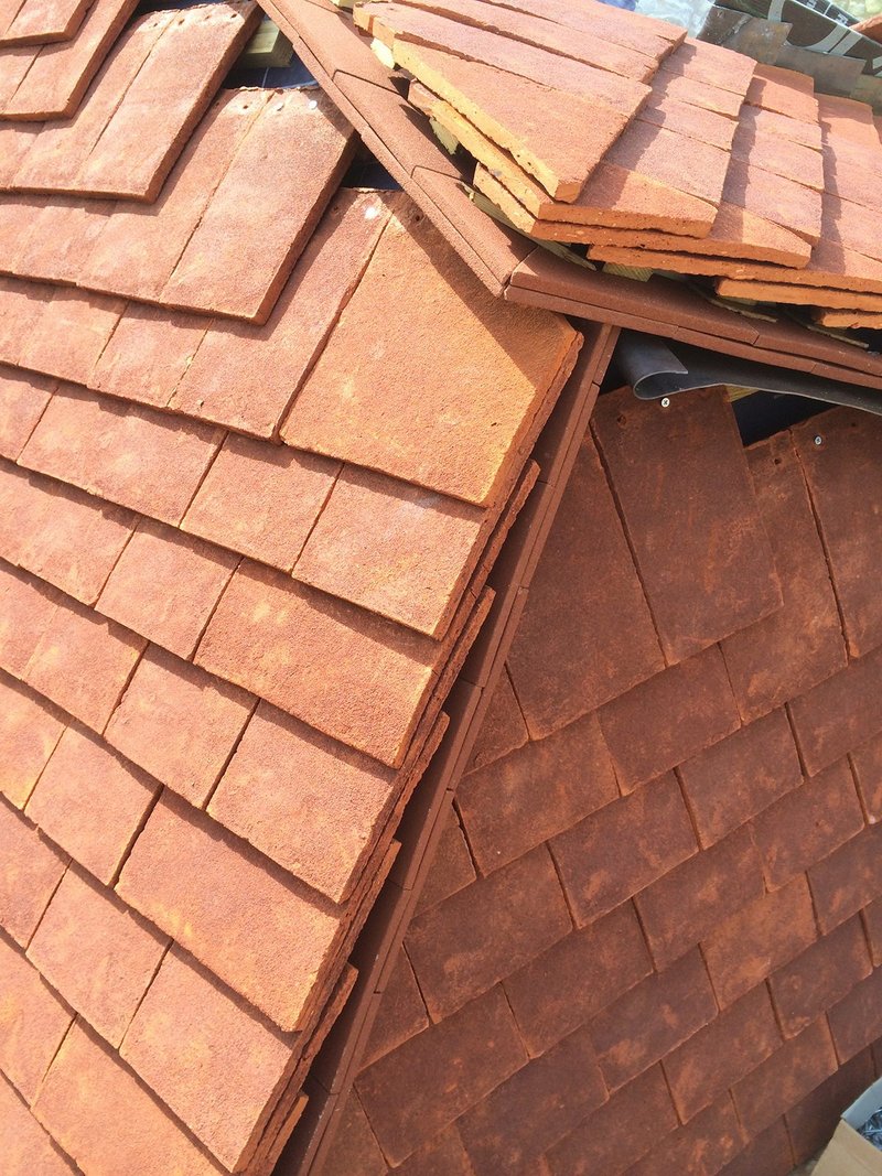 Roof tile mock up for Caring Wood, constructed by Keymer at half scale in their factory to work out the optimum arrangement, and where ‘specials’ would be required.