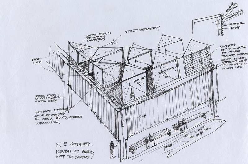 North east corner of the mosque and Islamic centre, showing how the rooflights might work.