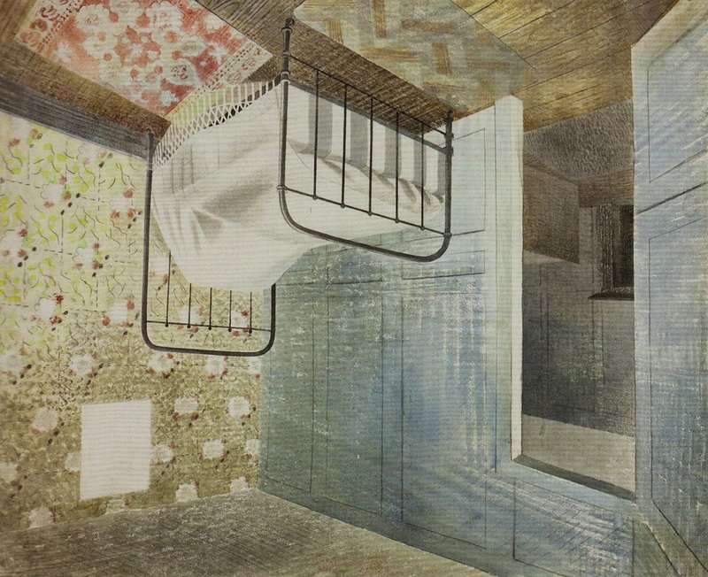 Eric Ravilious, The Bedstead, 1939 (inverted). The watercolour was the starting point for Becky Beasley’s OUS installation, 2017, at the Towner Art Gallery, Eastbourne.