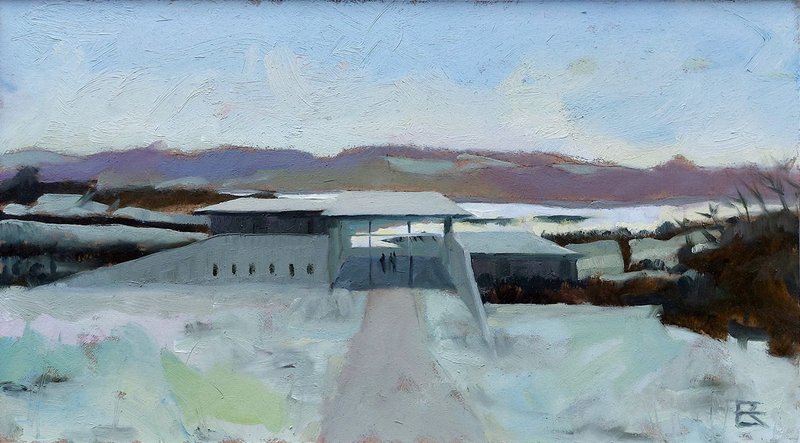 Design Centre at Carsington Water Oil paint on panel, applied by brush,  450 × 250mm.