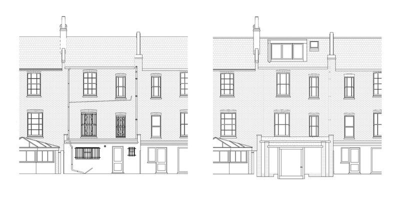 Existing and proposed rear elevation.