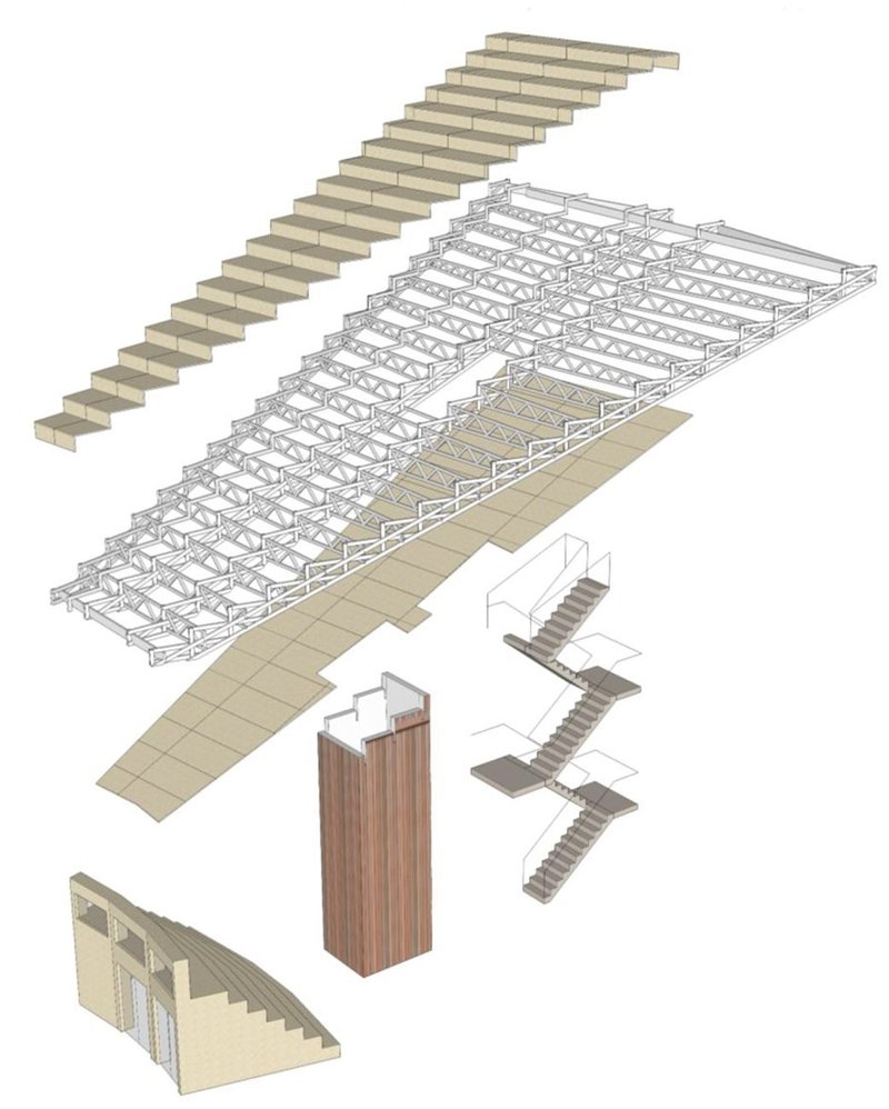 12 audience tiers are formed from composite timber trusses cantilevered forwards and back from the sides of CLT lift shafts. Cross trusses of increasing cantilever complete the fan-shape of each sector. Covered with SterlingOSB Zero, these sit beneath a PTFE canopy.