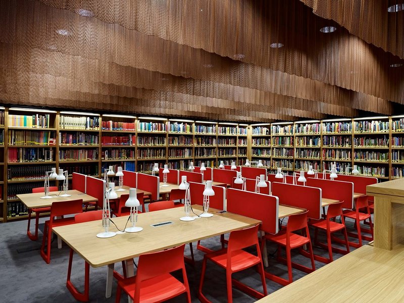 The bronze curtains in-situ at the British Film Institute’s Reuben Library. Coffey Architects initially considered using fabric before working with architectural mesh specialist Locker Group.