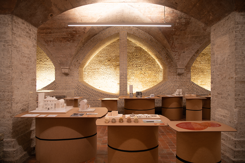 Installation view of Congregation, an exhibition on the changing nature of faith buildings at St Mary Magdalene in Paddington. The undercroft location is part of an extension by Dow Jones Architects.