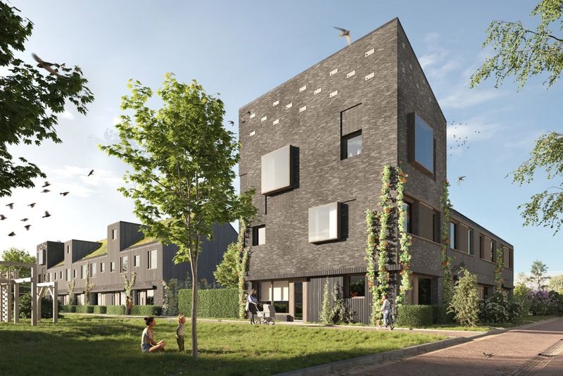 Vandersanden Pirrouet facing bricks at the Groen-Nobelhorst housing project in Almere in the Netherlands. Each square metre of facade permanently stores 8.5kg of CO2.