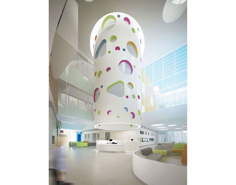 The sculptural ‘playtube’ in the foyer of Sheffield Children’s Hospital creates a heart for the 8000m2 building and a play space at every ward level.