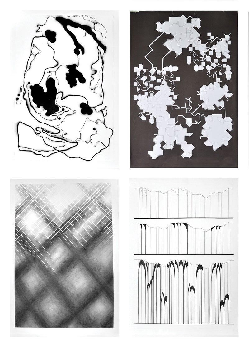 Day 2: Examples of individual drawings produced in response to the score at UQAM, Montreal. Clockwise: drawings by William Couture, Marine Cance, Clara Letourneux, Liza St-Germain.