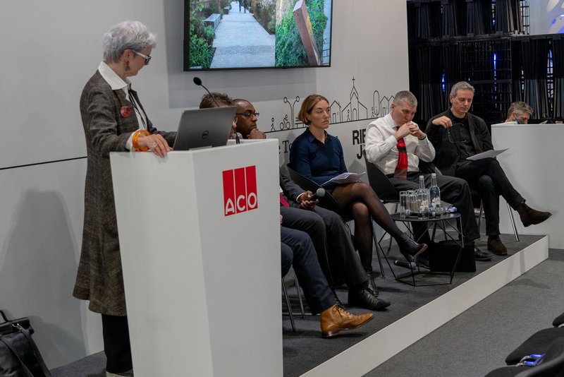 The panellists debate 'A future for our town centres' at FutureBuild 2019. Visible from left: Sarah Weir, Ojay McDonald, Sadie Morgan, Michael Keith and John Prevc.