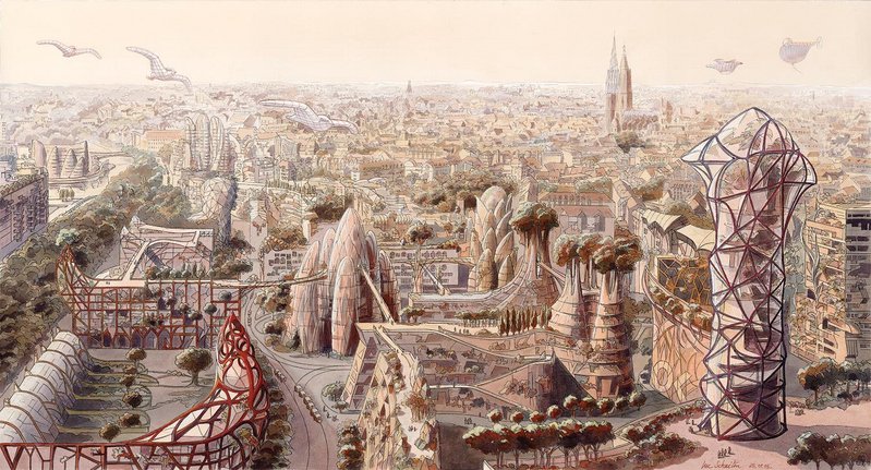 Solarpunk architect Luc Schuiten’s concept for how Strasbourg could look in a century’s time. His work showing buildings being repurposed and nature reclaiming the city has been influential on the post-growth movement.
