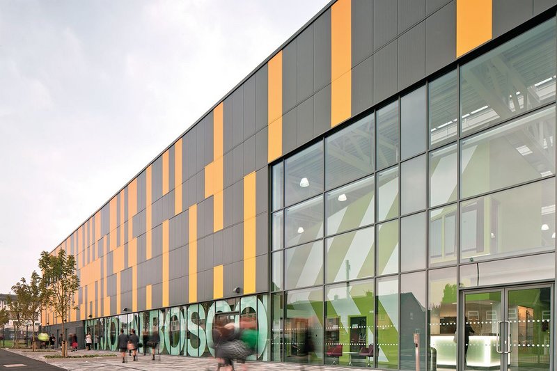 Exterior of St John Bosco Arts College, which delivered 15% more space through the use of its simple big box structural concept.