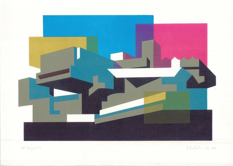 Hayward III, a linocut by Paul Catherall. This image is one of the illustrator’s more abstracted and multi-coloured designs.