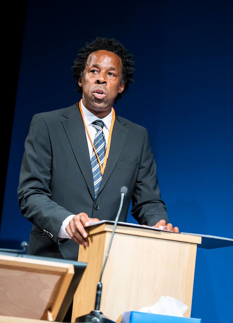 Derek Elroy as Leslie Thomas QC (BSR Group barrister) in Grenfell: Value Engineering – Scenes from the Inquiry, a verbatim play at The Tabernacle. Photo: Tristram Kenton