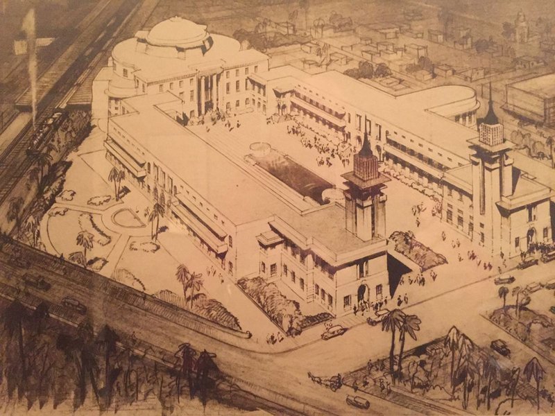 Aerial perspective presentation drawing. The design drawings were exhibited in the Royal Academy.