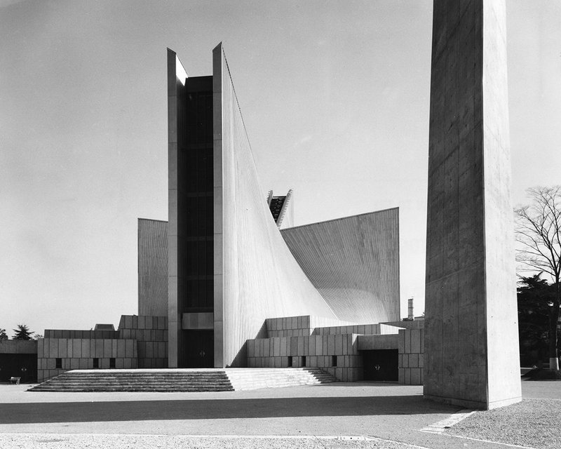 Tange's cathedral: traditional plan oversailed by roof of hyperbolic paraboloids.