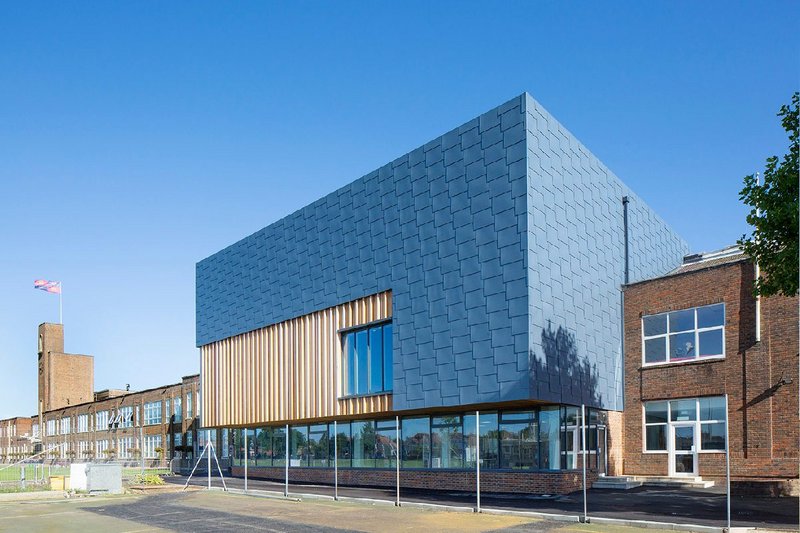 Pigmento Blue Flat Lock panels at King Edward VI School, Southampton.