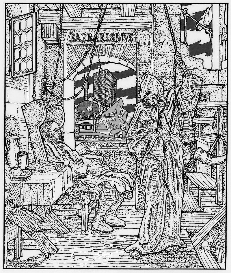 Curl’s depiction of himself as author driven to death by the task of warning the world against the destructive powers of architectural barbarism. Drawing on Alfred Rethel’s Death as a Friend.