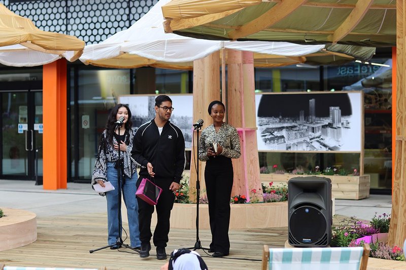 The People’s Pavilion at Here East on Queen Elizabeth Olympic Park, London. Created to host the Envision East festival, the pavilion was designed by local young people Shahriyar Ahmed (18), Samira Elbahja (17) and Dellilah Jamal (17).