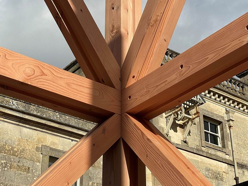 Structural frame detail by Timber Workshop at the new pavilion at Cowley Manor, designed by De Matos Ryan with engineer Price & Myers.