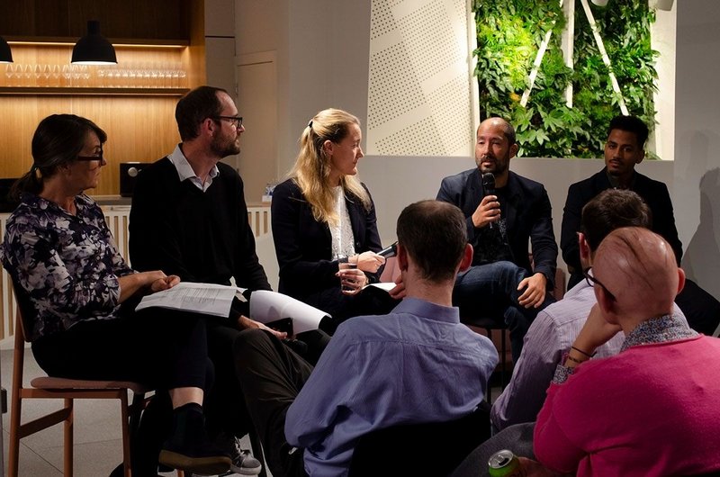 The panel (from left): Kay Hughes, Founder, Khaa; Ed Parham, Director, Space Syntax; Kate Hall, Design Director, HS2; Donald Roberts, Senior Landscape Architect, Assael Exteriors; Hari Phillips, Partner, Bell Phillips Architects. Space in Architecture series, Knauf Clerkenwell.