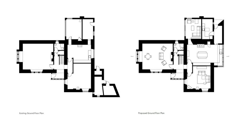 Existing and proposed ground floor plan.