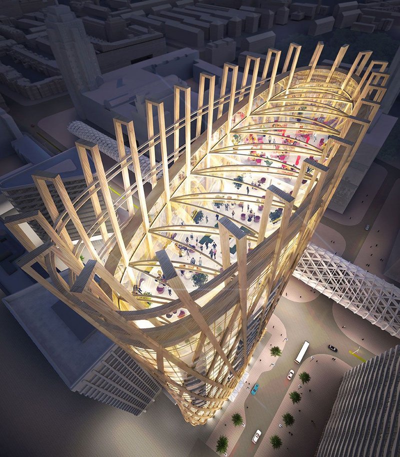 Bird's eye view of Oakwood Timber Tower 2 proposal The Lodge, designed by PLP Architecture for client Provast NL in The Netherlands in collaboration with Cambridge University's Department of Architecture and engineer Smith and Wallwork.