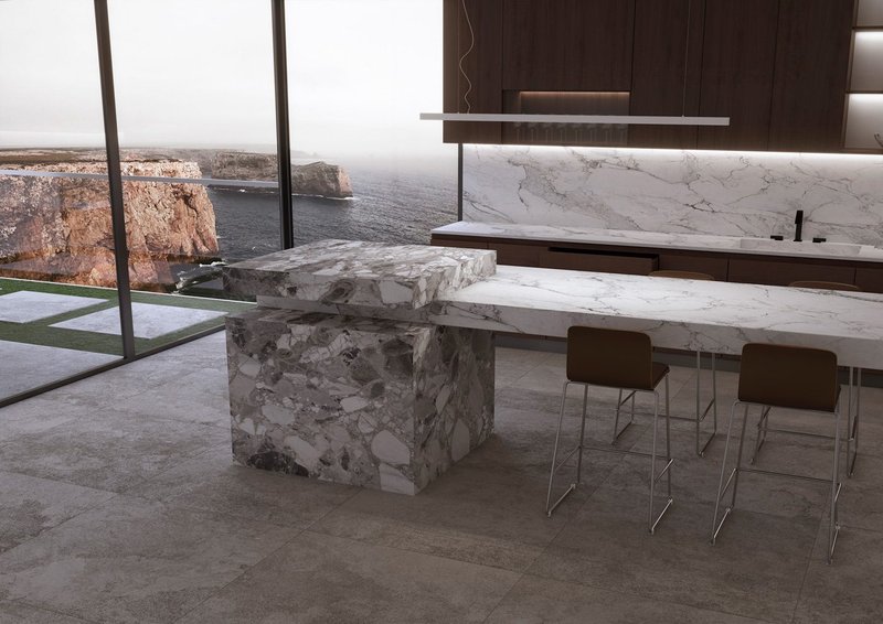 Sublime Cliff and Iceberg by Museum: porcelain slab inspired by the spirit of nature to honour the beauty of rare stones. A hi-tech solution for walls, floors and worktops.