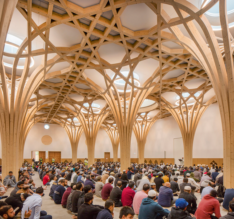 Prayer Hall at the at Cambridge Mosque, designed by Marks Barfield Architects.