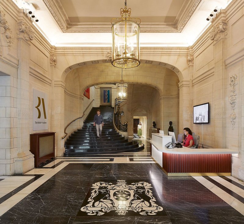 The opulent art deco marble staircase is an inspiration for Wright & Wright’s new ground floor lobby leading to the British Academy’s lower ground floor levels.