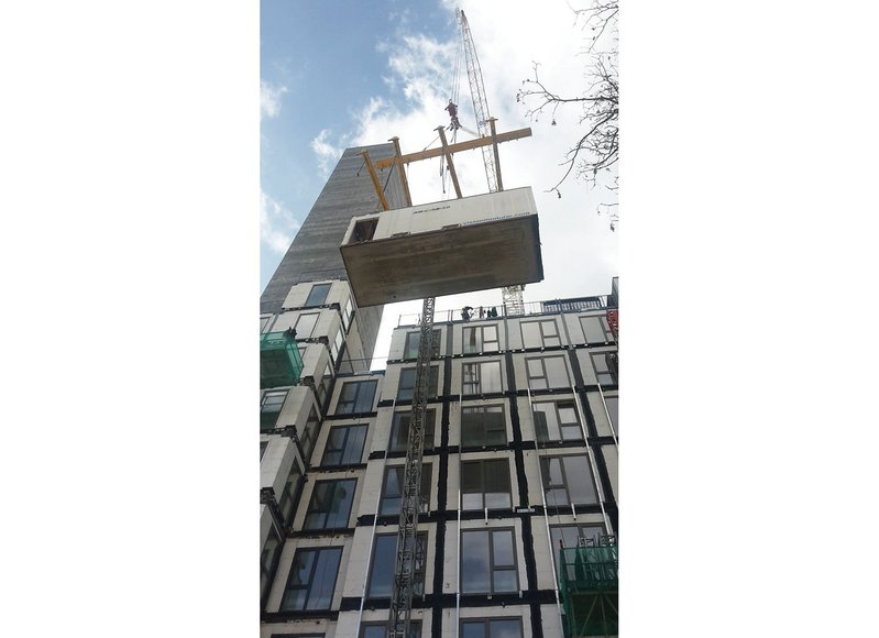 Modules being placed at a rate of 10 a day at Apex House in Wembley, London.