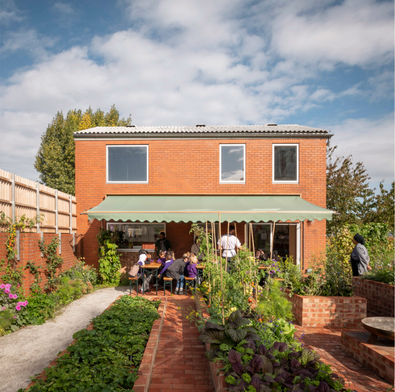 Productive gardens at Hackney School of Food designed by Surman Weston. Children can grow and pick produce and then cook it in the teaching kitchen.