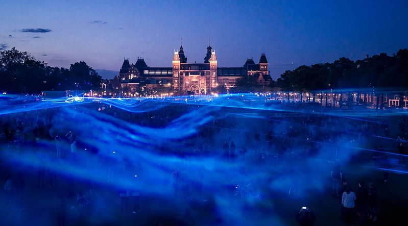 Waterlicht by Studio Roosegaarde uses light to simulate what water levels would be in Amsterdam without the use of dykes.