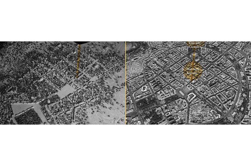 Urban development of Yerevan – aerial views from 1907 (top) and 2015 (below).