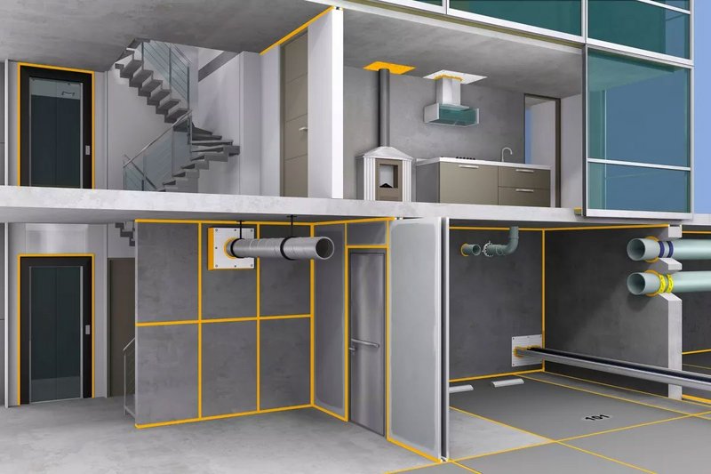 Danger zones: Yellow areas indicate application zones for Sika's linear and penetration seal passive fire protection products.