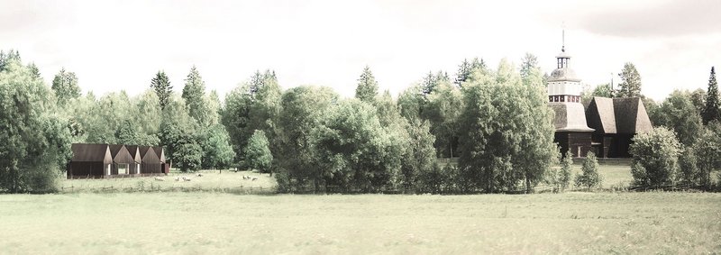 The amenity building sits a respectful distance from the historic wooden church (right).