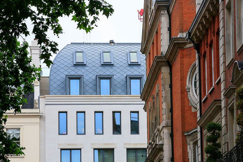 Pigmento Blue Plus zinc shingle roof at Brook Street office development, London, by PLP Architecture.