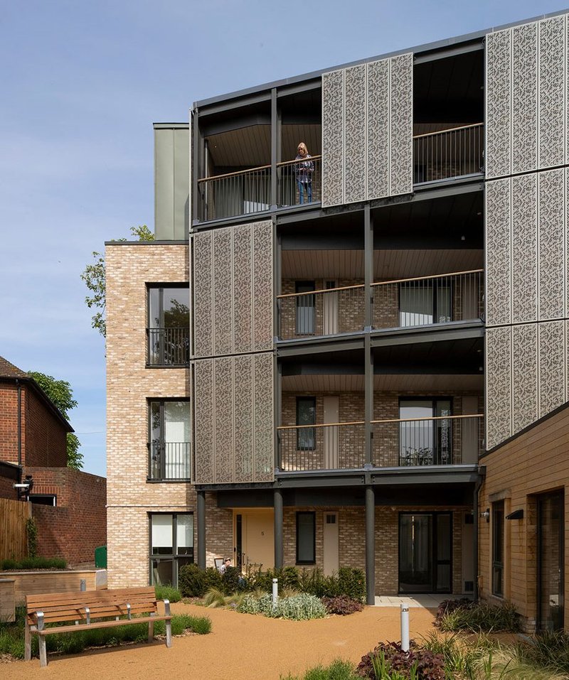 Fixed shading at Colby Lodge in north London, designed by Pollard Thomas Edwards animates the facade.