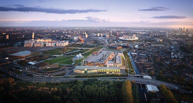 Visualisation of the Olympic Park, looking south past Here East in the foreground.