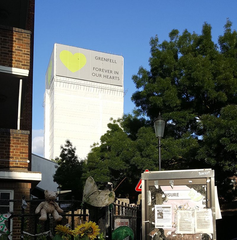 Grenfell Tower on 12 June 2018, covered in preparation for the 1st year anniversary of the fire.