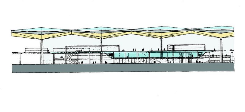 Sketch section through the airport showing the clear relationship of upper departure hall to interstitial services level to the arrivals hall at the bottom. Grimshaw’s desire to connect the two halls is evident where cutouts in the departures hall allow views (and columns) up to the roof.