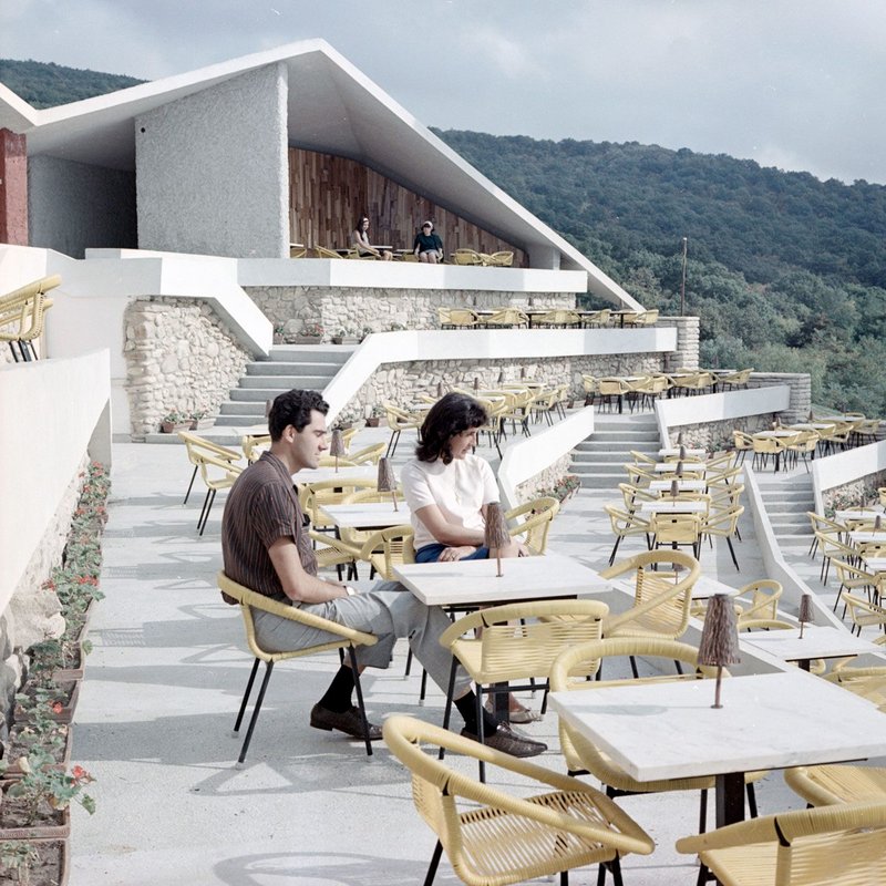 Couple at seaside café in Bulgaria, 1968, photographed by Panayot Barnev.