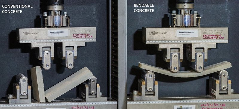 Conventional concrete vs bendable concrete developed at NTU, Singapore.