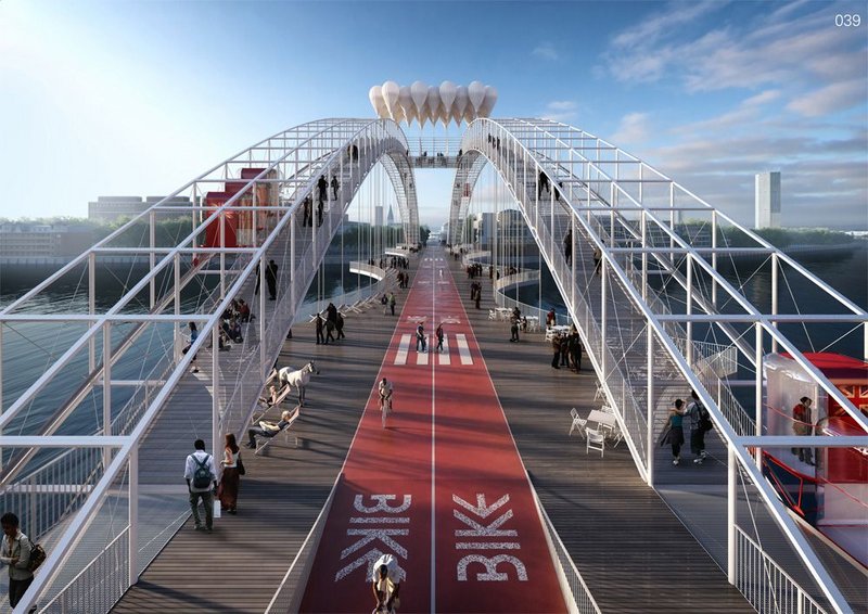 It’s a pedestrian bridge. No, it’s a dedicated cross-river bike route. No, it’s an arching funicular rail system leading to a central ‘fun palace’ viewing platform. Cedric Price must be turning in his grave.