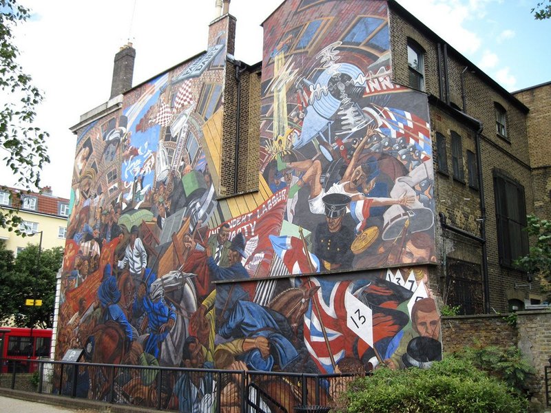The Cable Street Mural, East London, commemorates the Battle of Cable Street, Sunday 4 October 1936. Anti-fascist protesters, including local Jewish, socialist, anarchist, Irish and communist groups, clashed with the Metropolitan Police. The work is inspired by Diego Rivera and Goya.