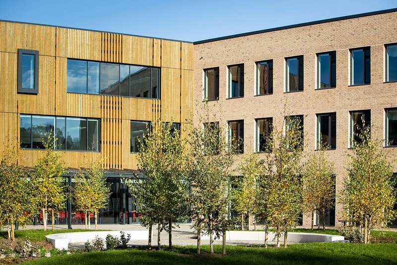 Sunny courtyard provides focus for the school. Mercia School, Sheffield, Bond Bryan Architects, RIBA Regional Award 2019.