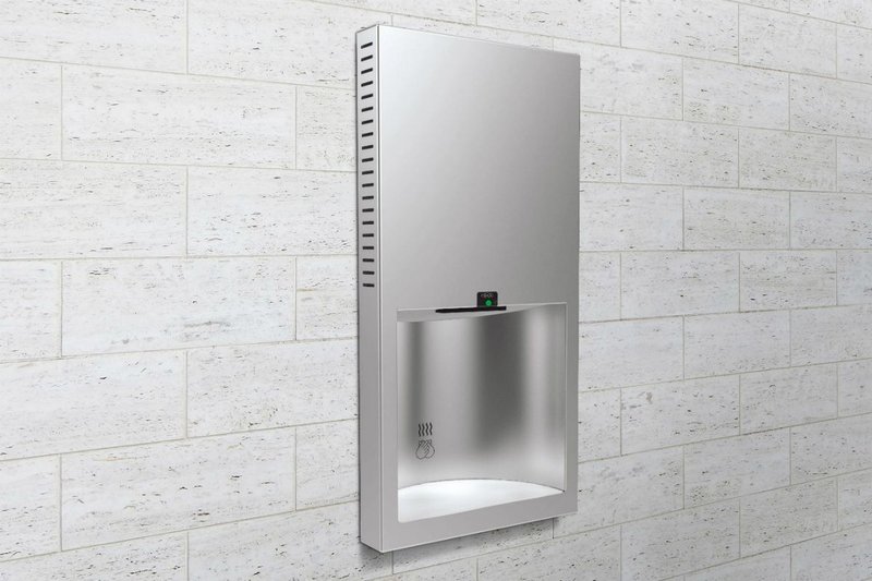 The Bobrick B-3725 TrimLineSeries recessed, low-profile hand dryer features a deep drying alcove.