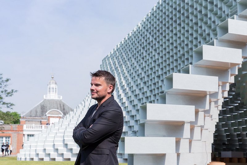 Bjarke Ingels with his completed Serpentine Pavilion.