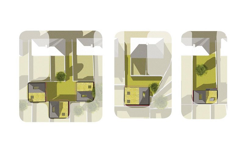 Potential arrangements (from top to bottom): An individual annexe in a rear garden, a starter home built across two gardens and a cohousing cluster.