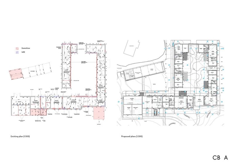 Existing and proposed plans illustrating areas of demolition and infill.