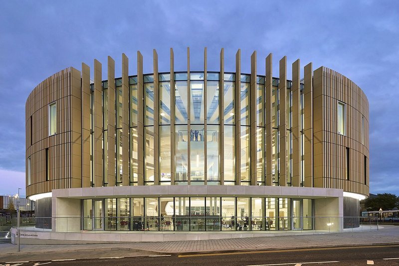 The river elevation of FaulknerBrowns’ new circular library in South Shields flips into widescreen mode.