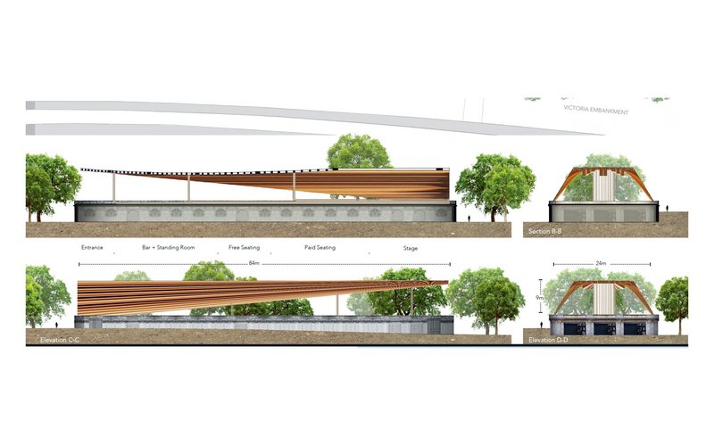 The Temple Heights concept proposes a tapering canopy over a rooftop stage, seating and bar.